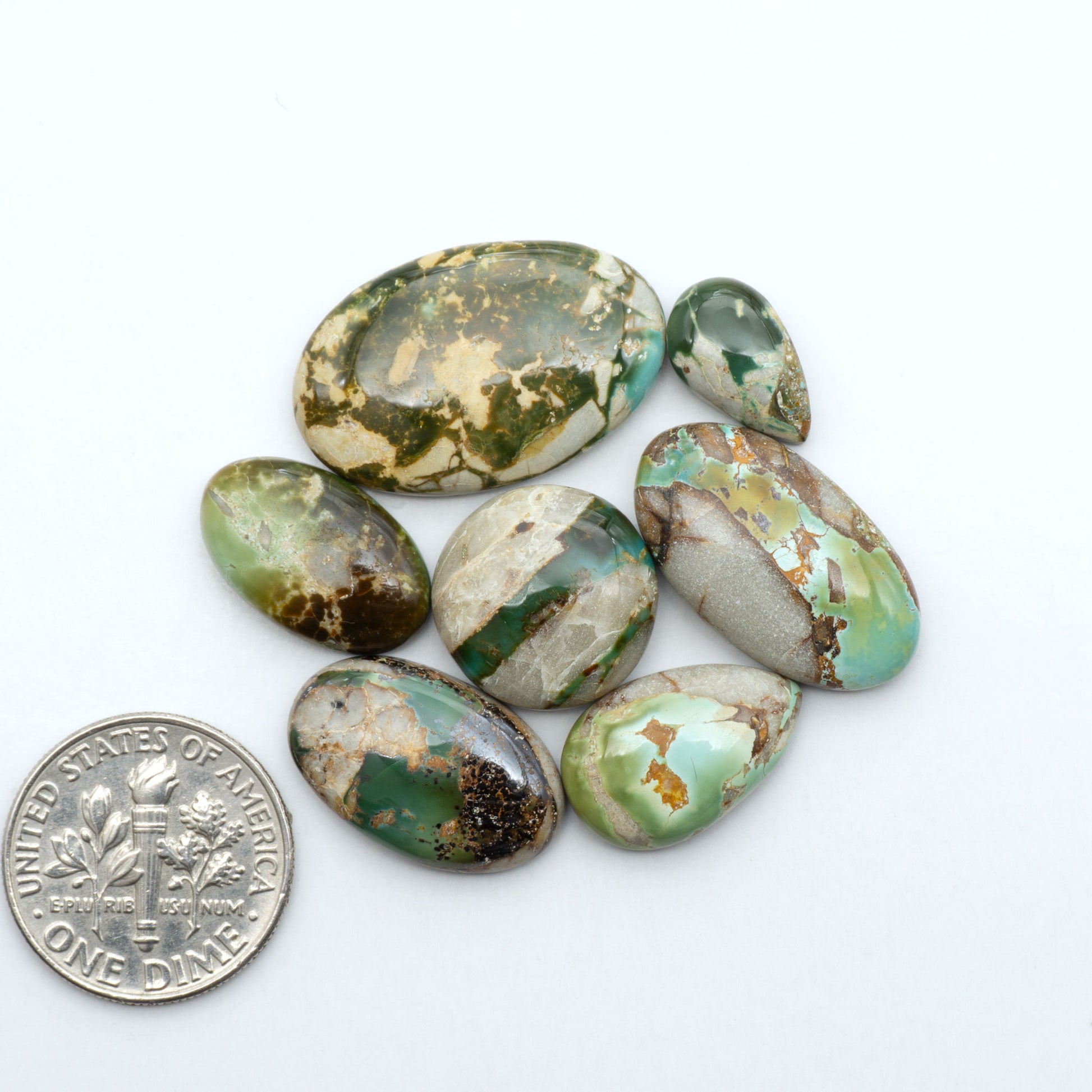Royston Turquoise cabochons, blue-green color with natural matrix, polished stones on a white background, with a US dime for scale