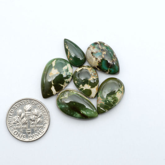 Royston Turquoise cabochons, blue-green color with natural matrix, polished stones on a white background, with a US dime for scale