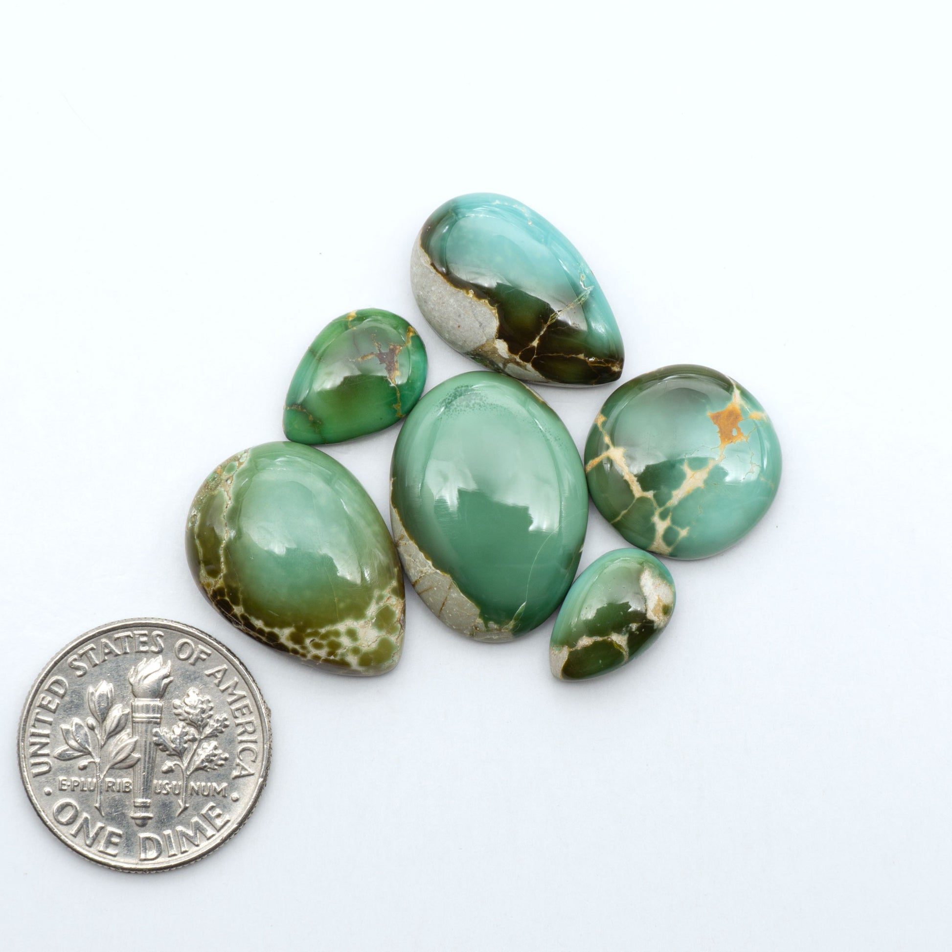 Royston Turquoise cabochons, blue-green color with natural matrix, polished stones on a white background, with a US dime for scale