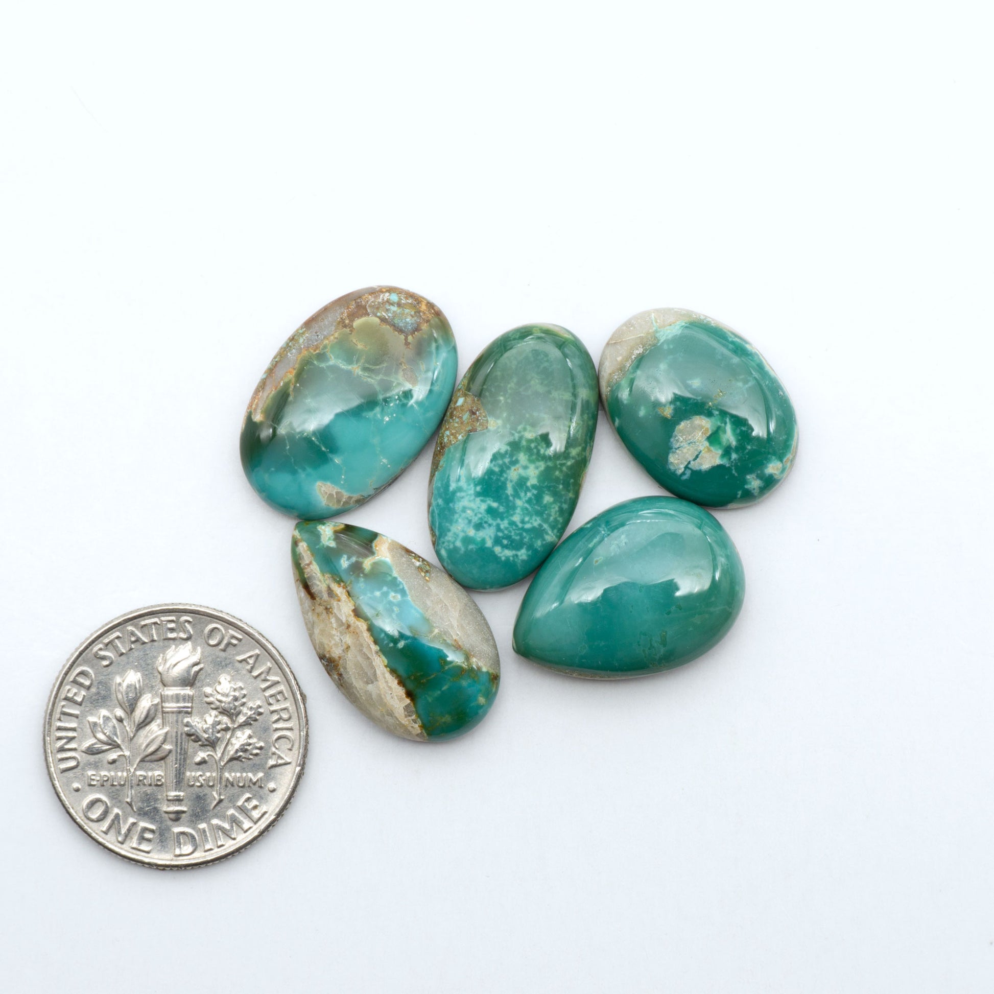 Royston Turquoise cabochons, blue-green color with natural matrix, polished stones on a white background, with a US dime for scale