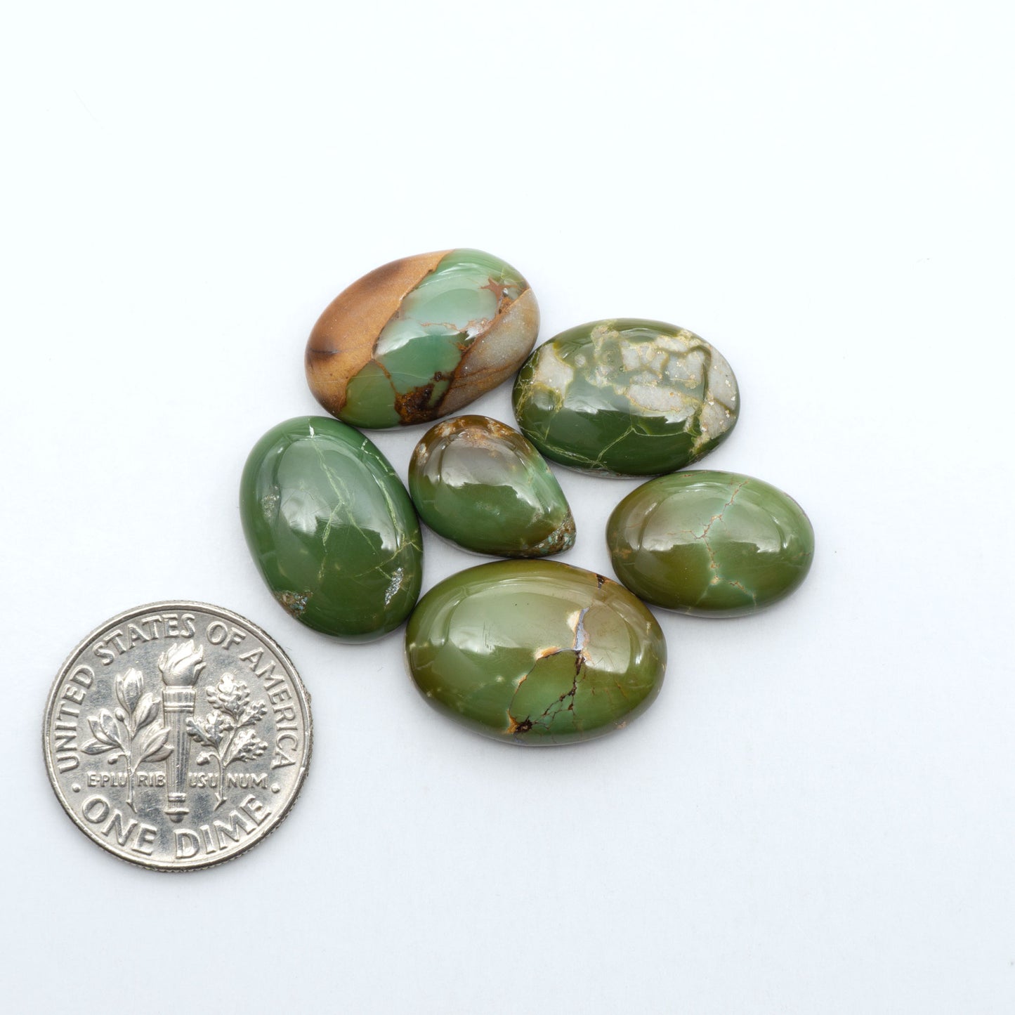 Royston Turquoise cabochons, blue-green color with natural matrix, polished stones on a white background, with a US dime for scale
