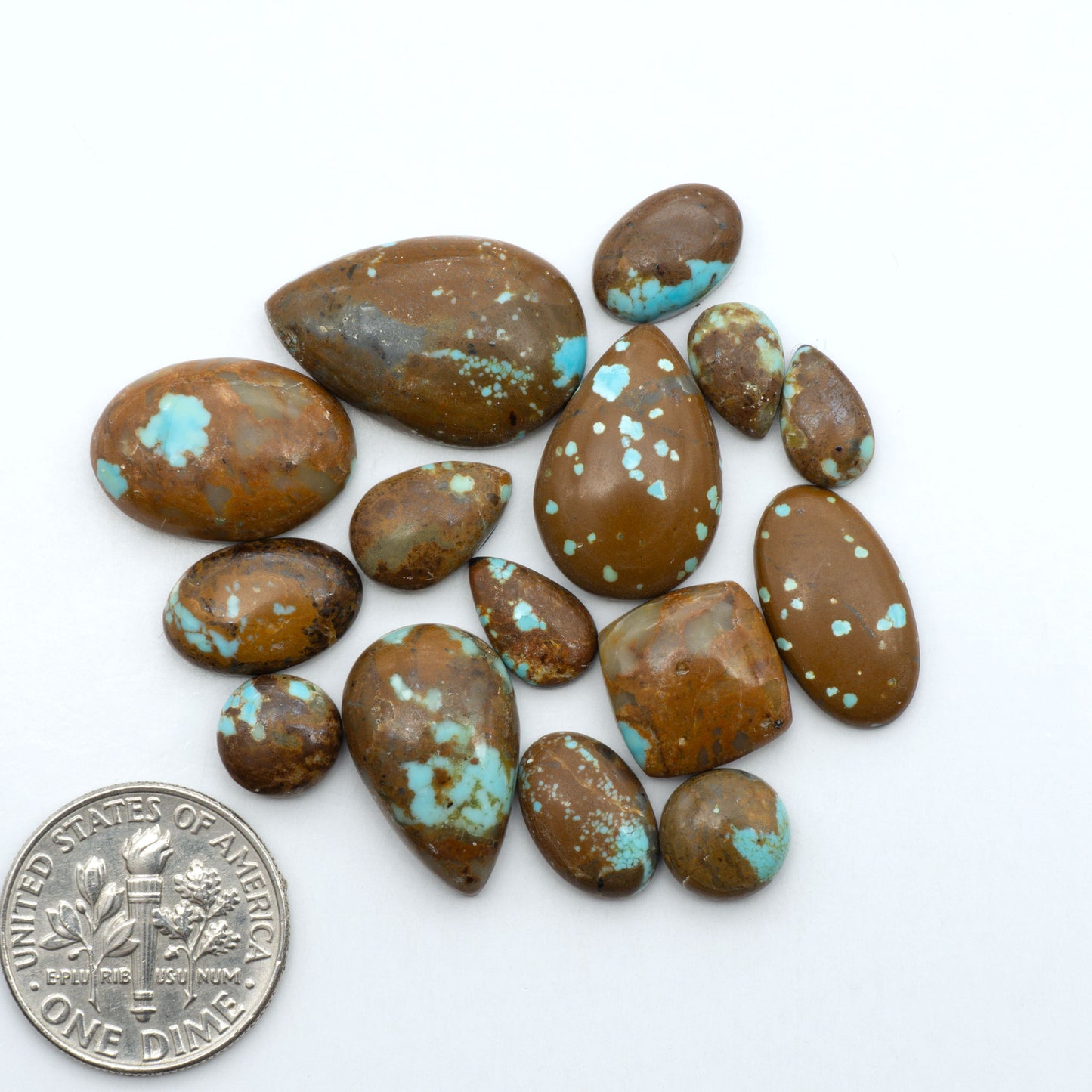 Number 8 Turquoise cabochons, blue and green color with brown matrix, polished stones on a white background, with a US dime for scale