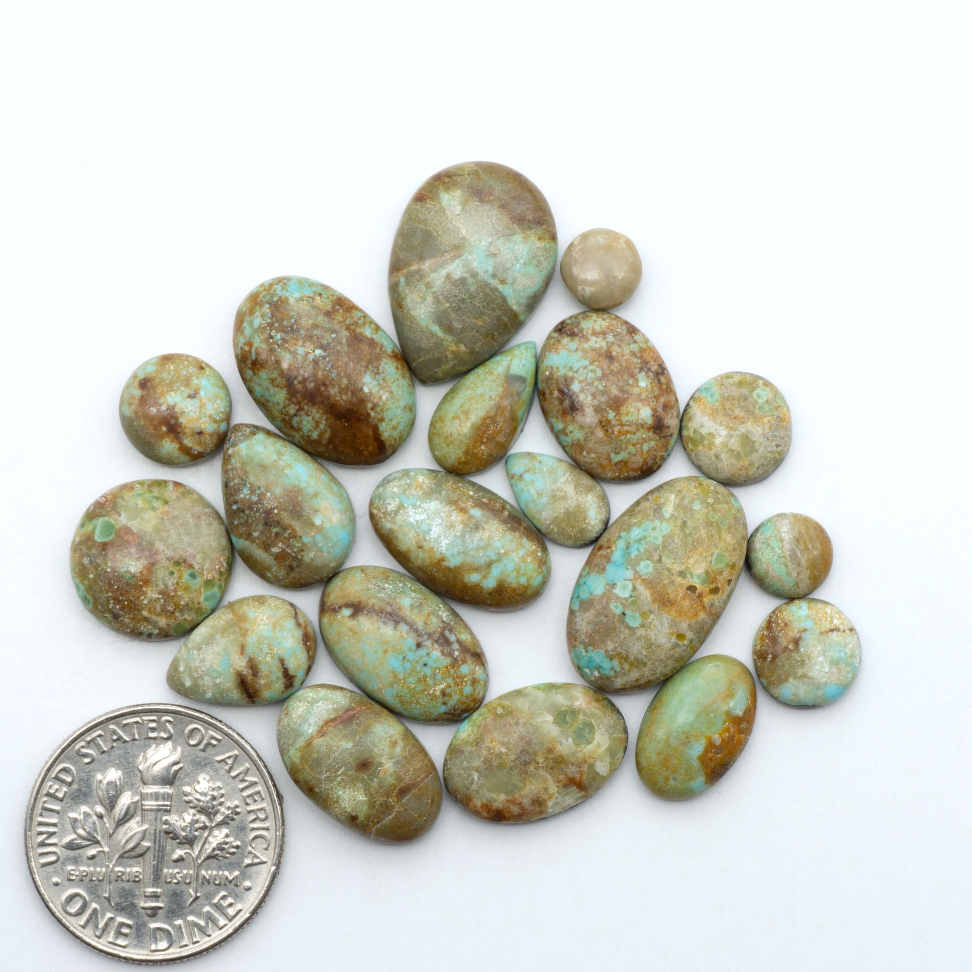 Number 8 Turquoise cabochons, blue and green color with brown matrix, polished stones on a white background, with a US dime for scale