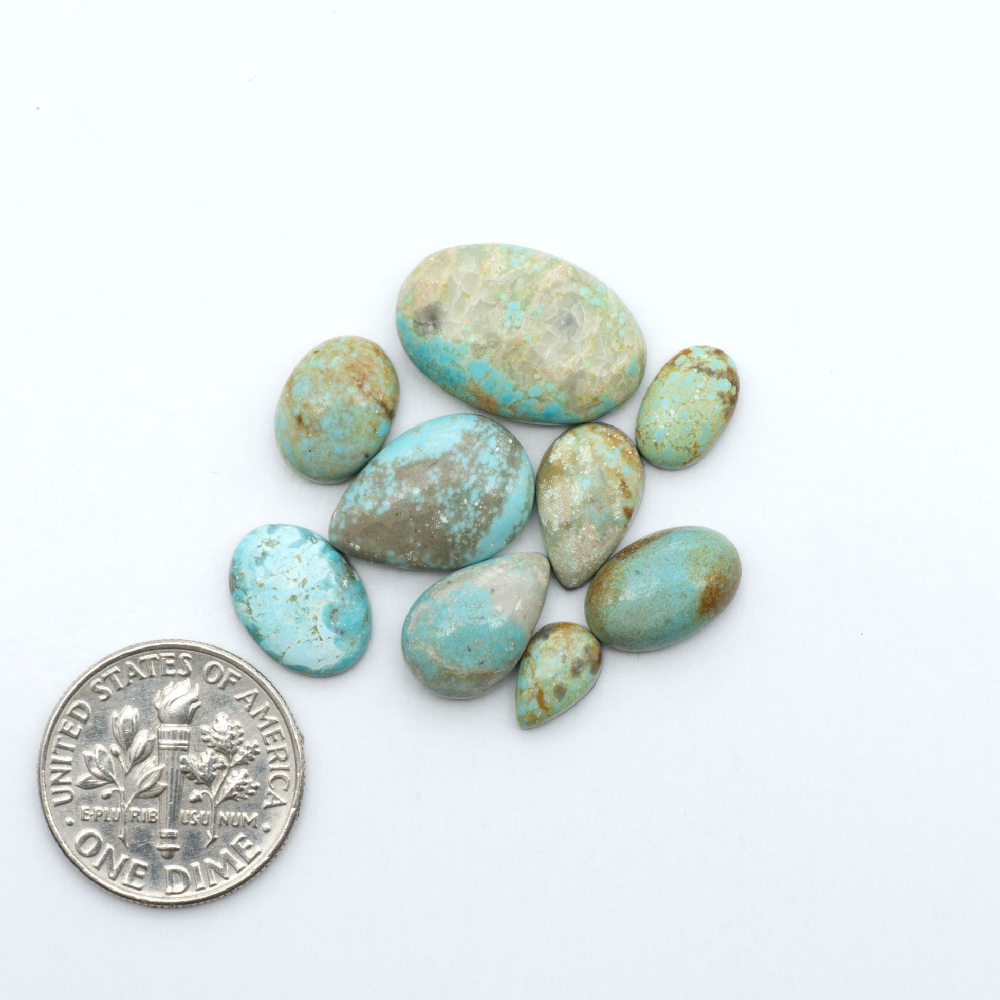 Number 8 Turquoise cabochons, blue and green color with brown matrix, polished stones on a white background, with a US dime for scale