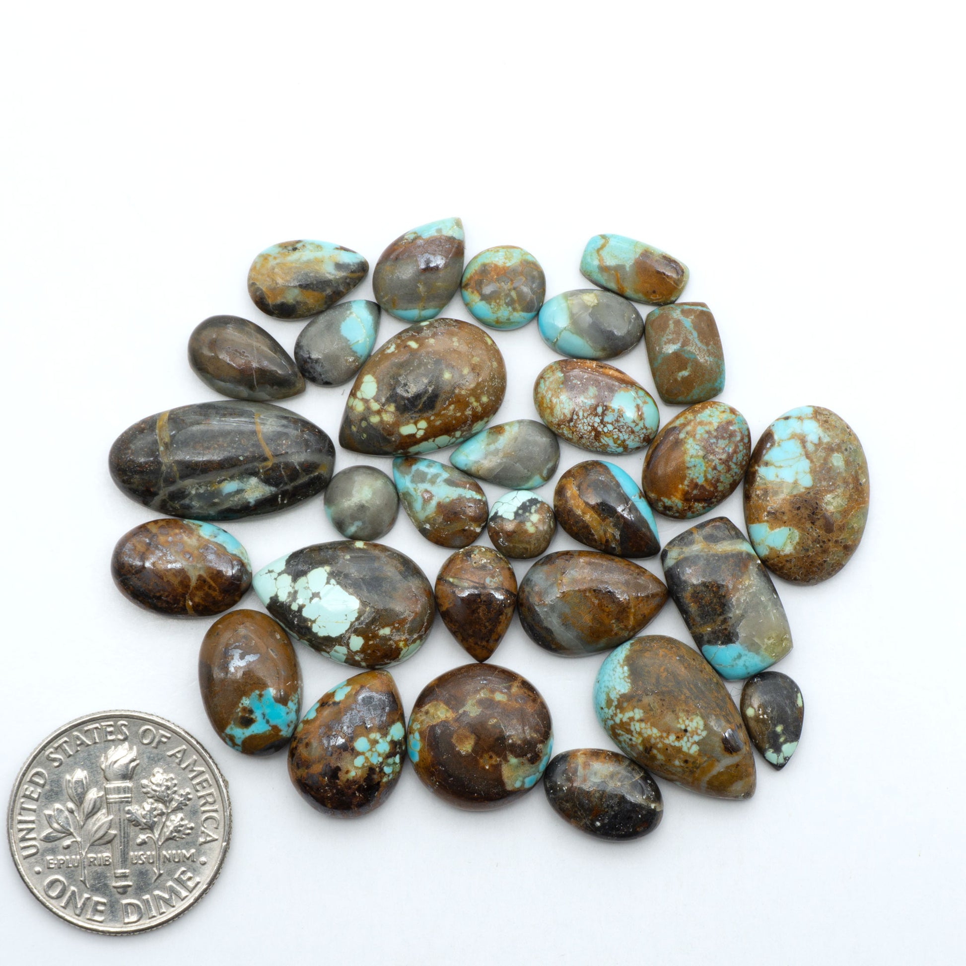 Number 8 Turquoise cabochons, blue and green color with brown matrix, polished stones on a white background, with a US dime for scale