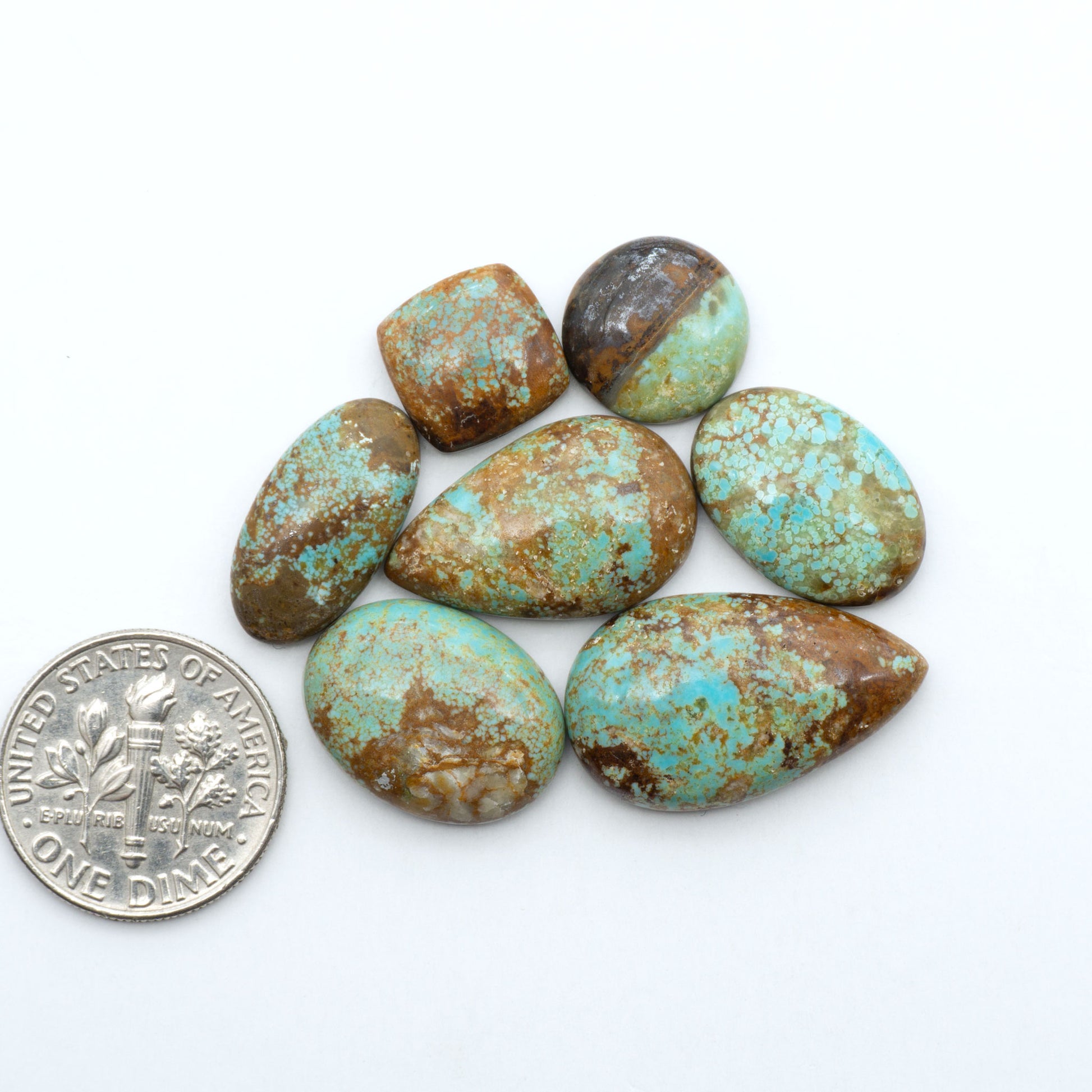 Number 8 Turquoise cabochons, blue and green color with brown matrix, polished stones on a white background, with a US dime for scale