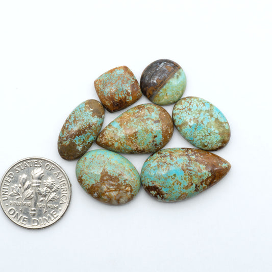 Number 8 Turquoise cabochons, blue and green color with brown matrix, polished stones on a white background, with a US dime for scale