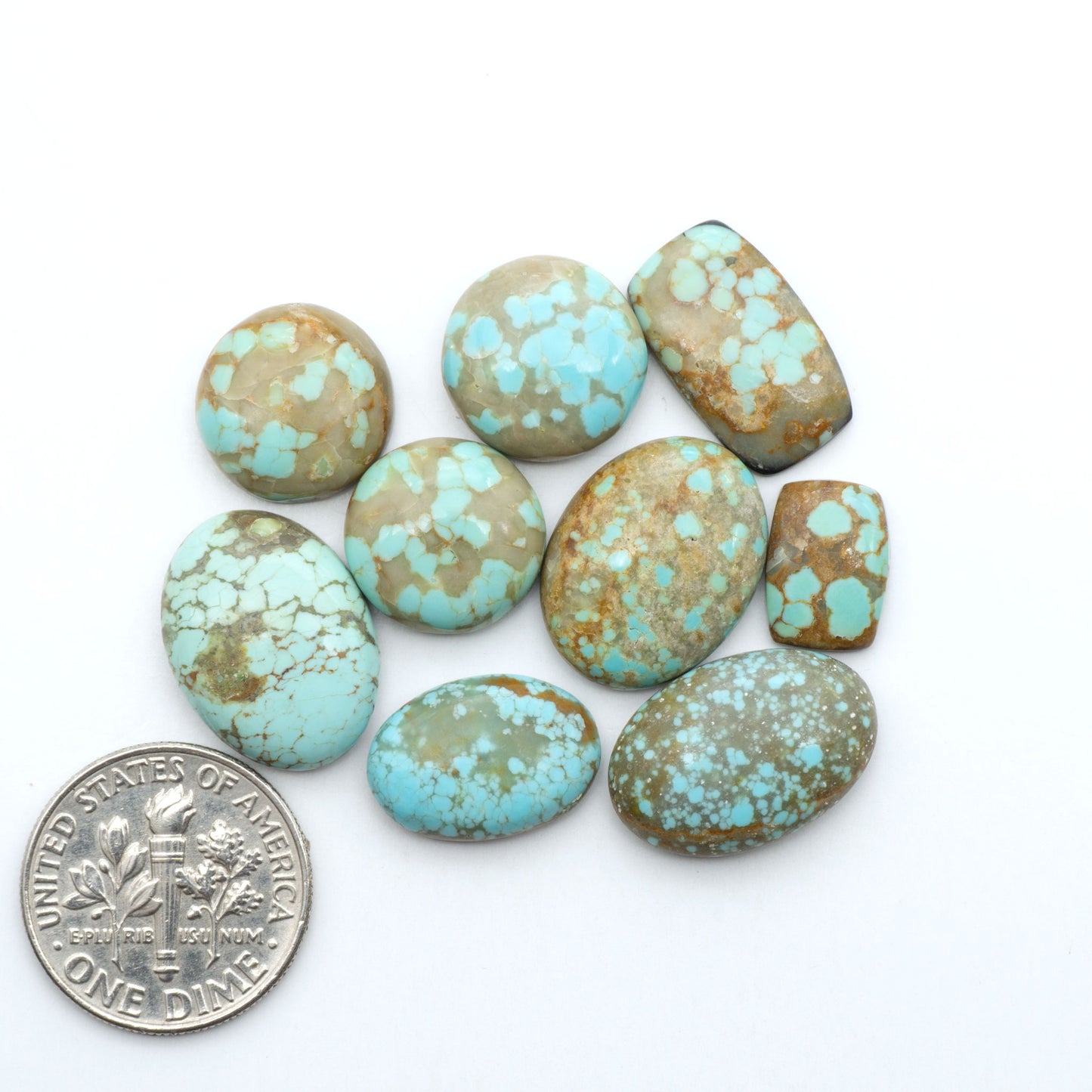 Number 8 Turquoise cabochons, blue and green color with brown matrix, polished stones on a white background, with a US dime for scale