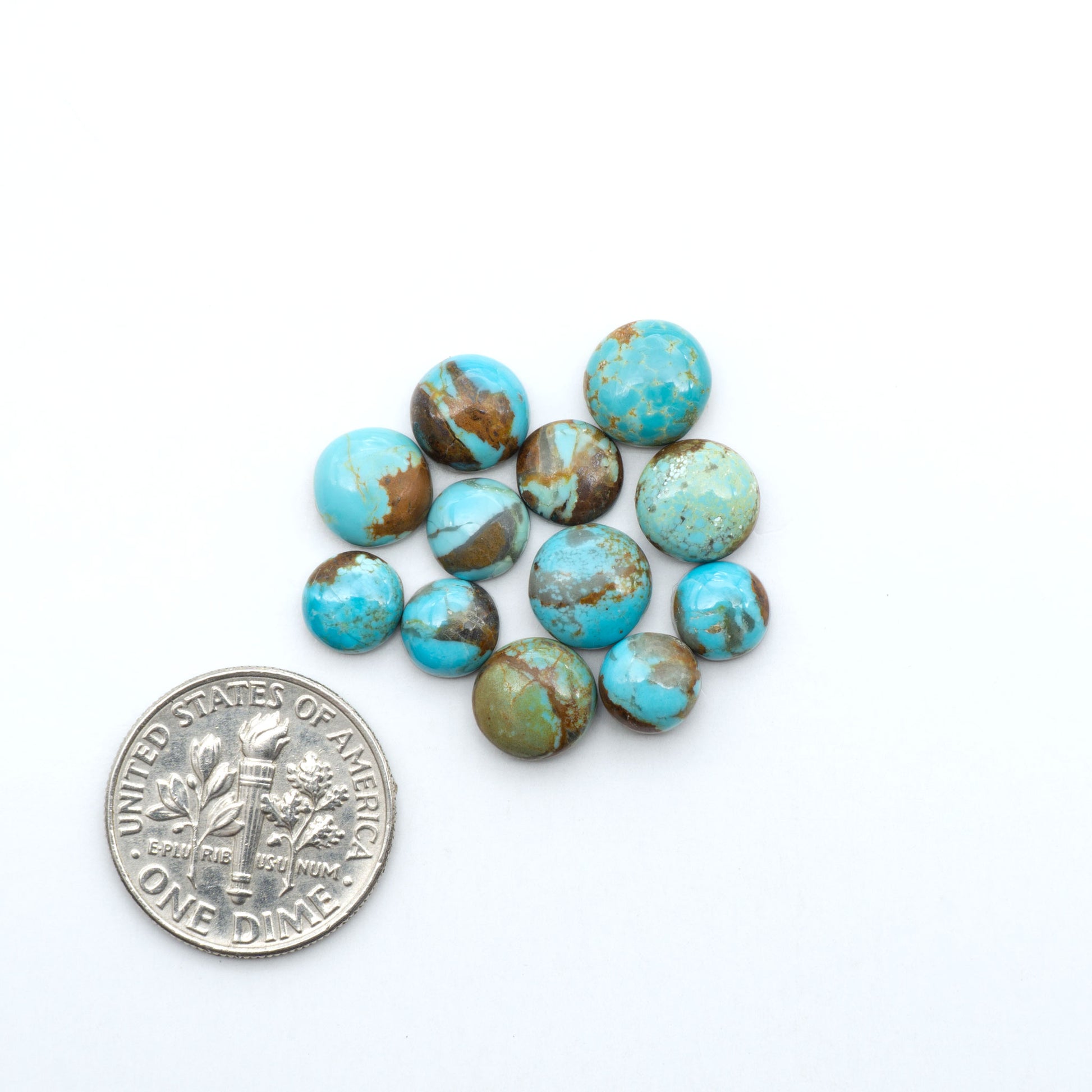 Number 8 Turquoise cabochons, blue and green color with brown matrix, polished stones on a white background, with a US dime for scale