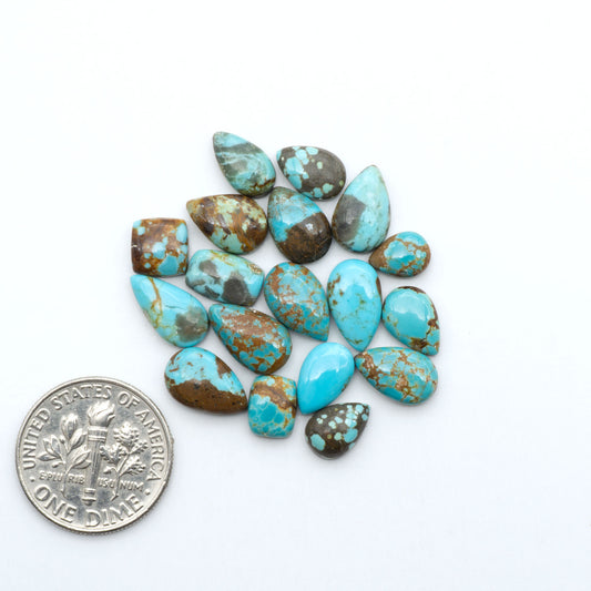Number 8 Turquoise cabochons, blue and green color with brown matrix, polished stones on a white background, with a US dime for scale