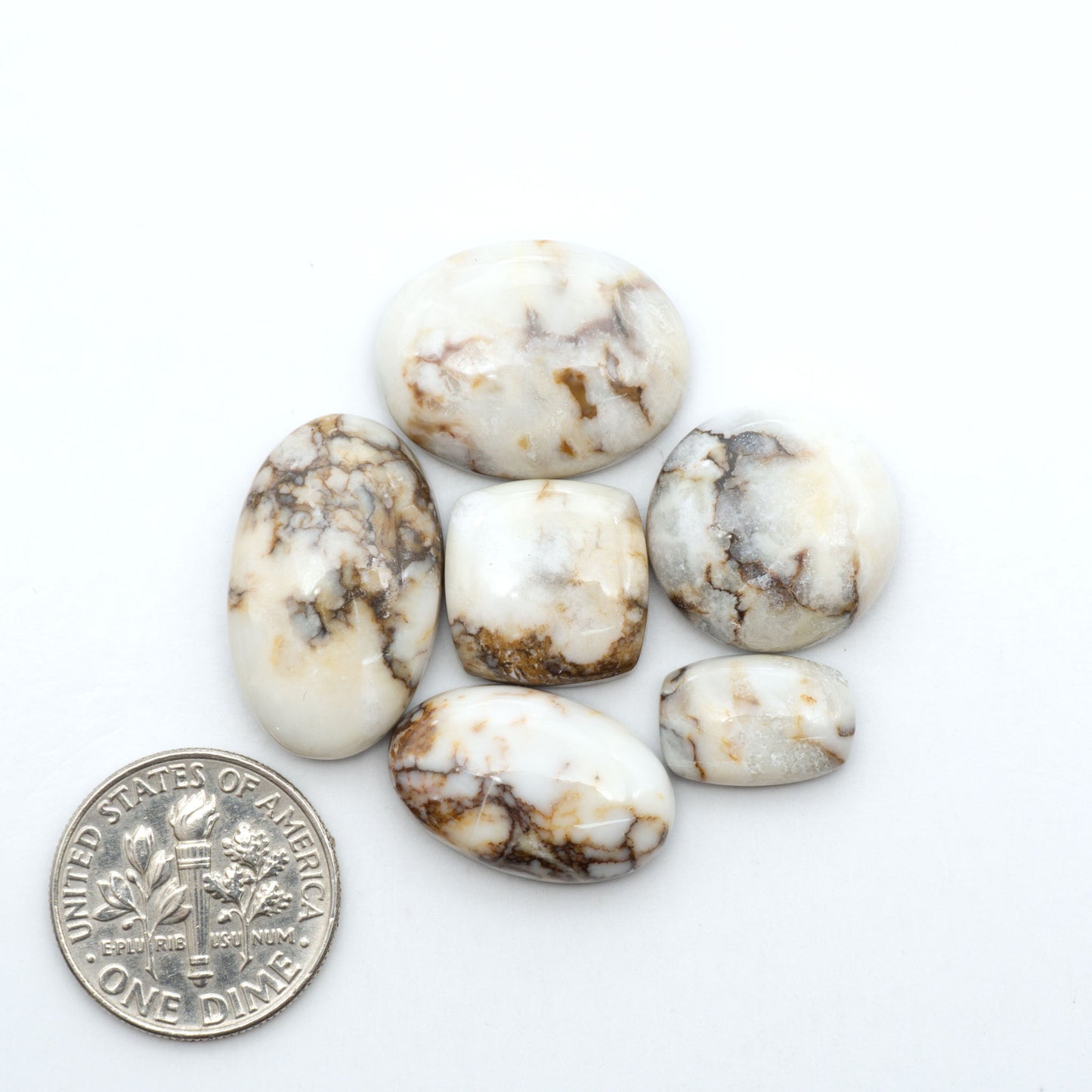 Wild Horse Magnesite cabochons, white gemstones with brown matrix on a white background, with a US dime for scale