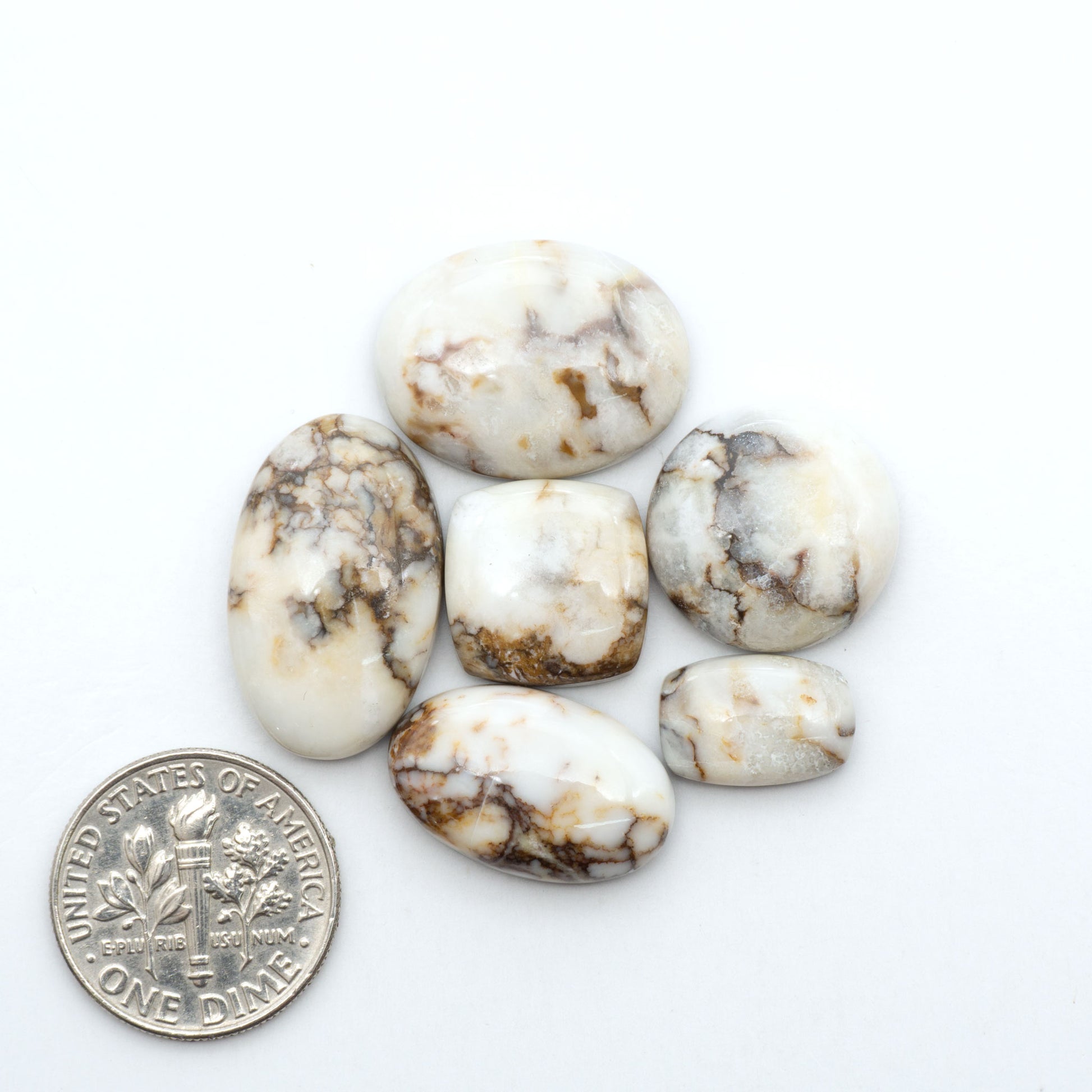 Wild Horse Magnesite cabochons, white gemstones with brown matrix on a white background, with a US dime for scale