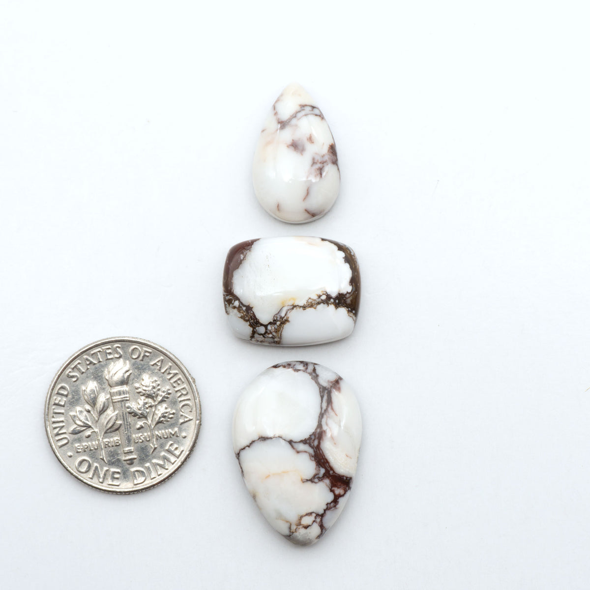 Wild Horse Magnesite cabochons, white gemstones with brown matrix on a white background, with a US dime for scale