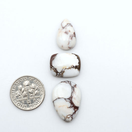 Wild Horse Magnesite cabochons, white gemstones with brown matrix on a white background, with a US dime for scale