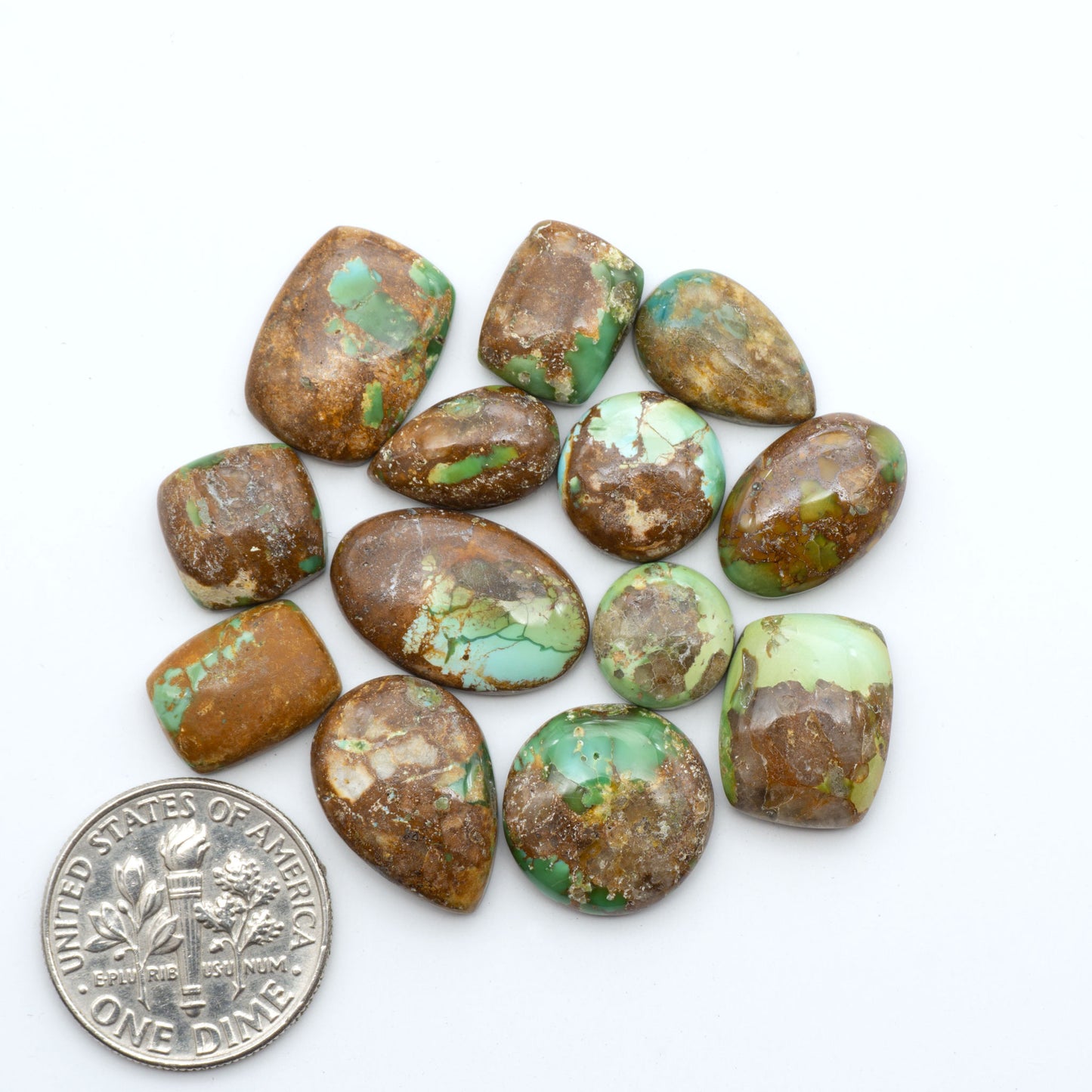 Sonoran Mountain Turquoise cabochons, blue-green color with natural matrix, polished stones on a white background, with a US dime for scale