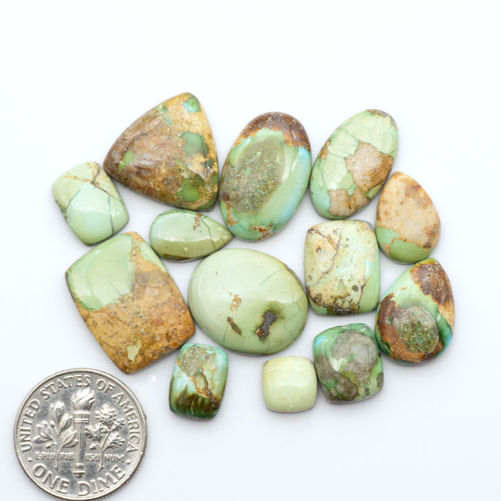 Sonoran Mountain Turquoise cabochons, blue-green color with natural matrix, polished stones on a white background, with a US dime for scale