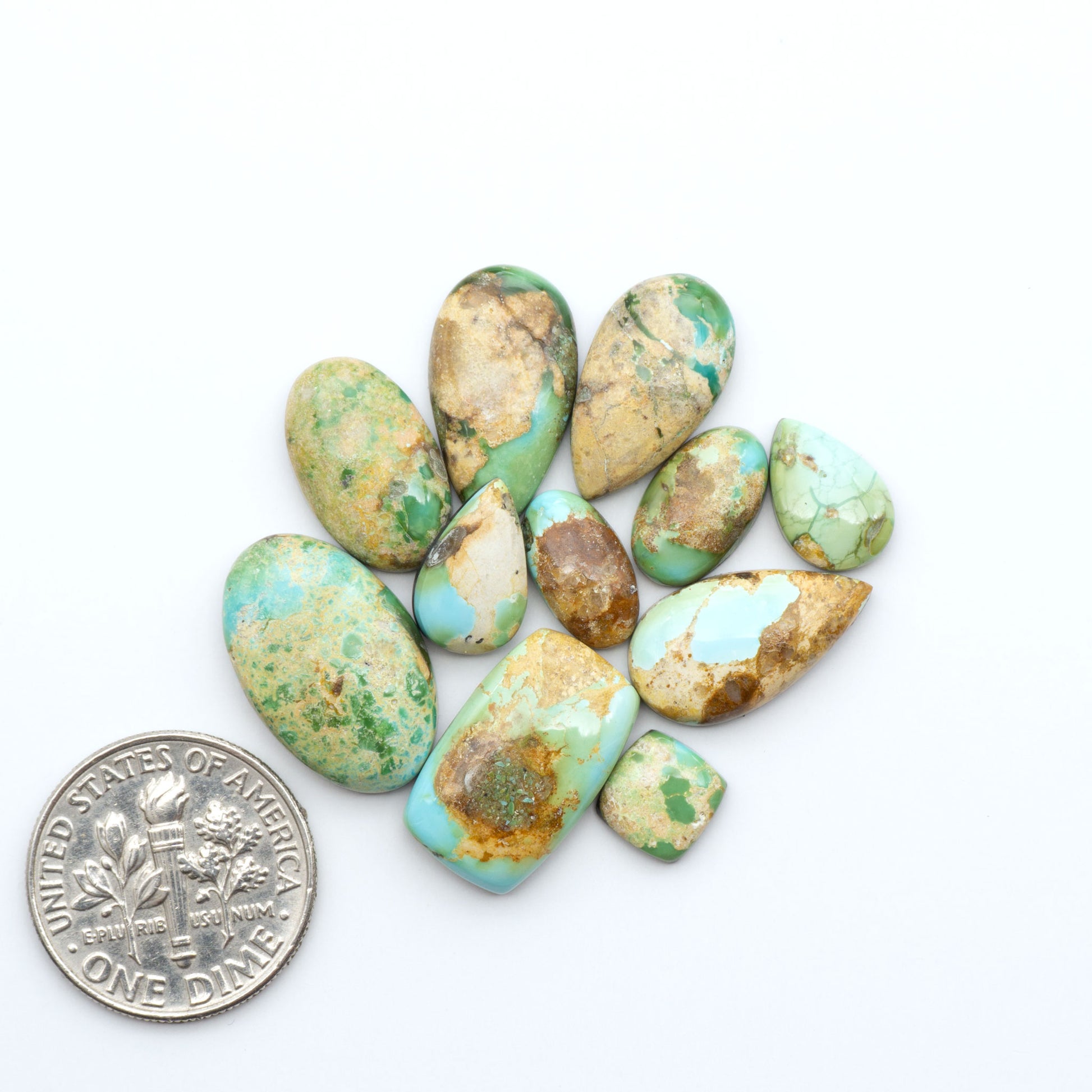 Sonoran Mountain Turquoise cabochons, blue-green color with natural matrix, polished stones on a white background, with a US dime for scale