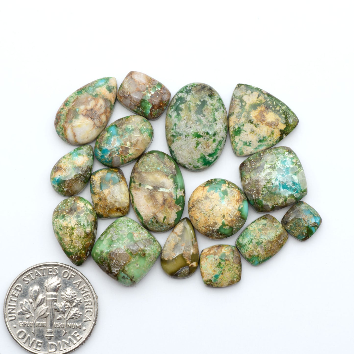 Sonoran Mountain Turquoise cabochons, blue-green color with natural matrix, polished stones on a white background, with a US dime for scale