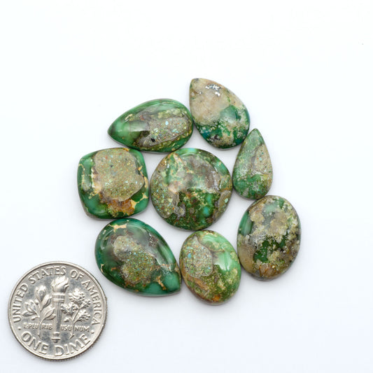 Sonoran Mountain Turquoise cabochons, blue-green color with natural matrix, polished stones on a white background, with a US dime for scale