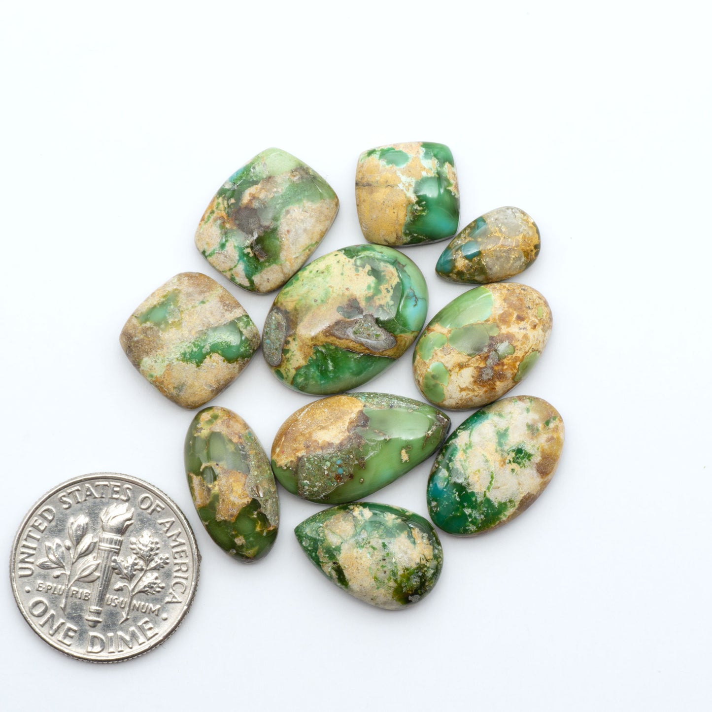 Sonoran Mountain Turquoise cabochons, blue-green color with natural matrix, polished stones on a white background, with a US dime for scale
