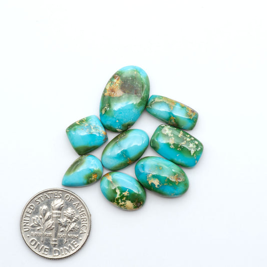 Sonoran Mountain Turquoise cabochons, blue-green color with natural matrix, polished stones on a white background, with a US dime for scale