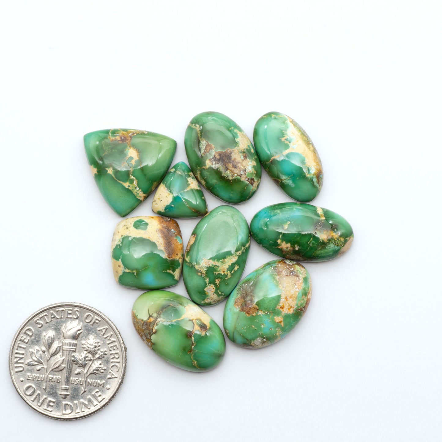 Sonoran Mountain Turquoise cabochons, blue-green color with natural matrix, polished stones on a white background, with a US dime for scale