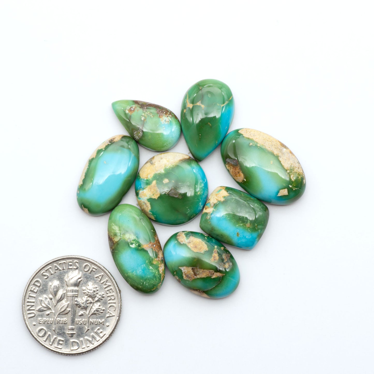 Sonoran Mountain Turquoise cabochons, blue-green color with natural matrix, polished stones on a white background, with a US dime for scale
