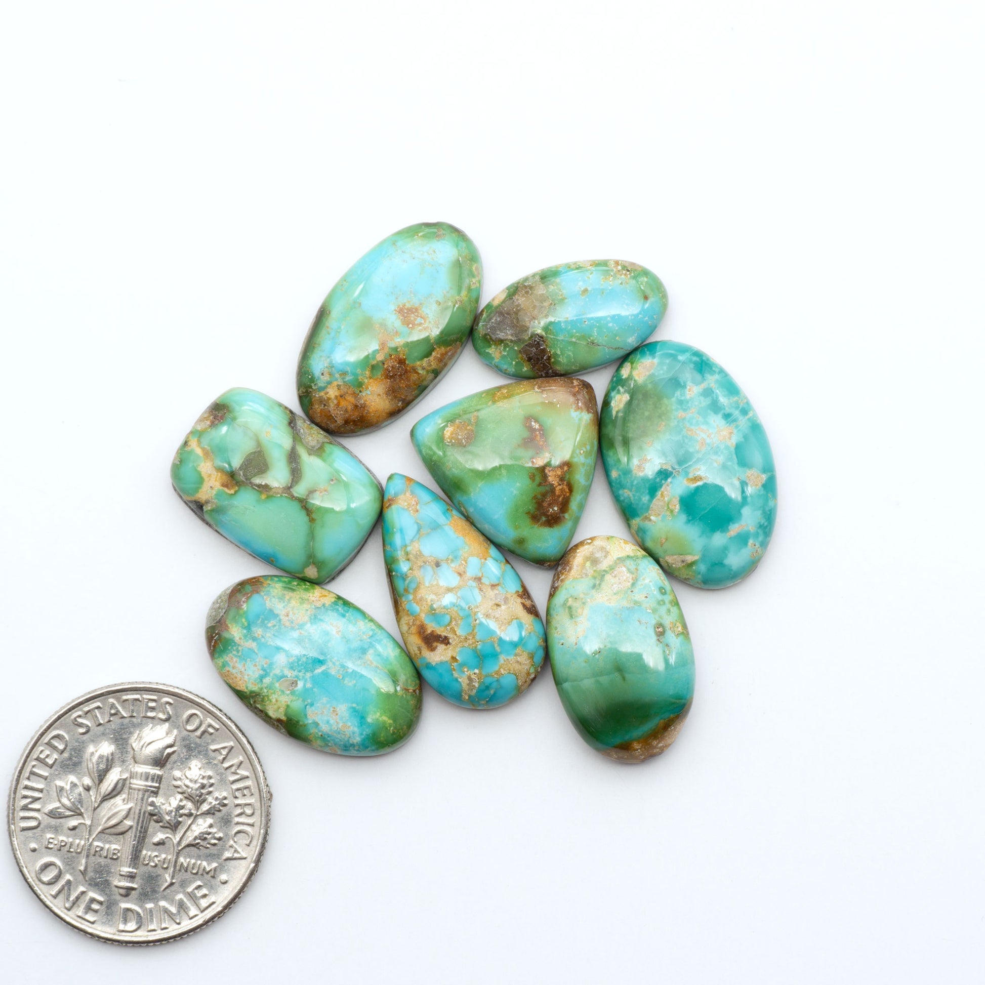 Sonoran Mountain Turquoise cabochons, blue-green color with natural matrix, polished stones on a white background, with a US dime for scale