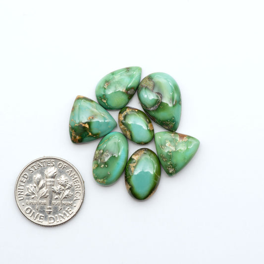 Sonoran Mountain Turquoise cabochons, blue-green color with natural matrix, polished stones on a white background, with a US dime for scale