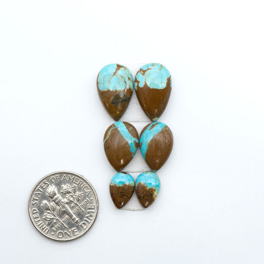 Number 8 Turquoise cabochons, blue and green color with brown matrix, polished stones on a white background, with a US dime for scale