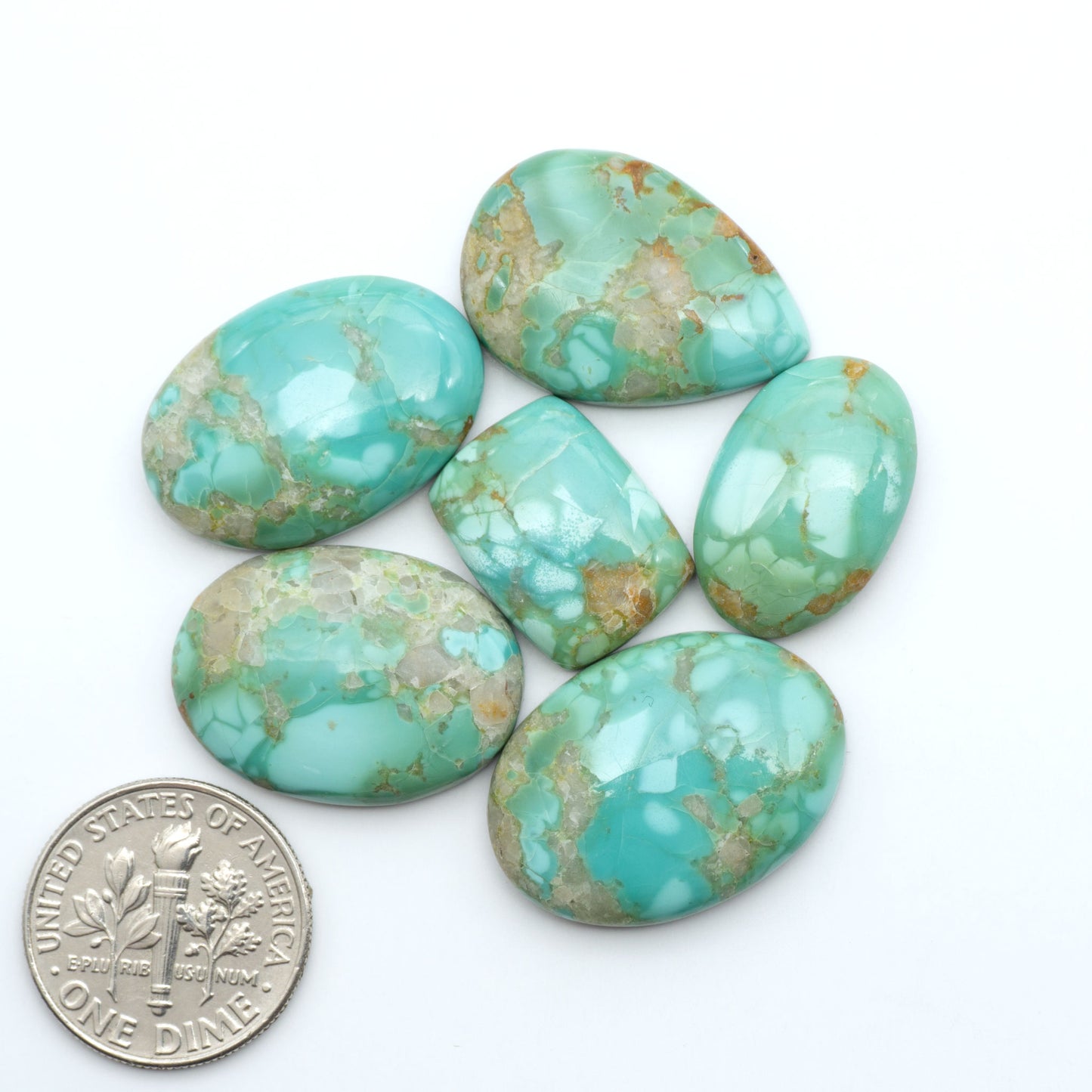 Pilot Mountain Turquoise cabochons, blue-green gemstones with natural matrix on a white background with a US dime for scale