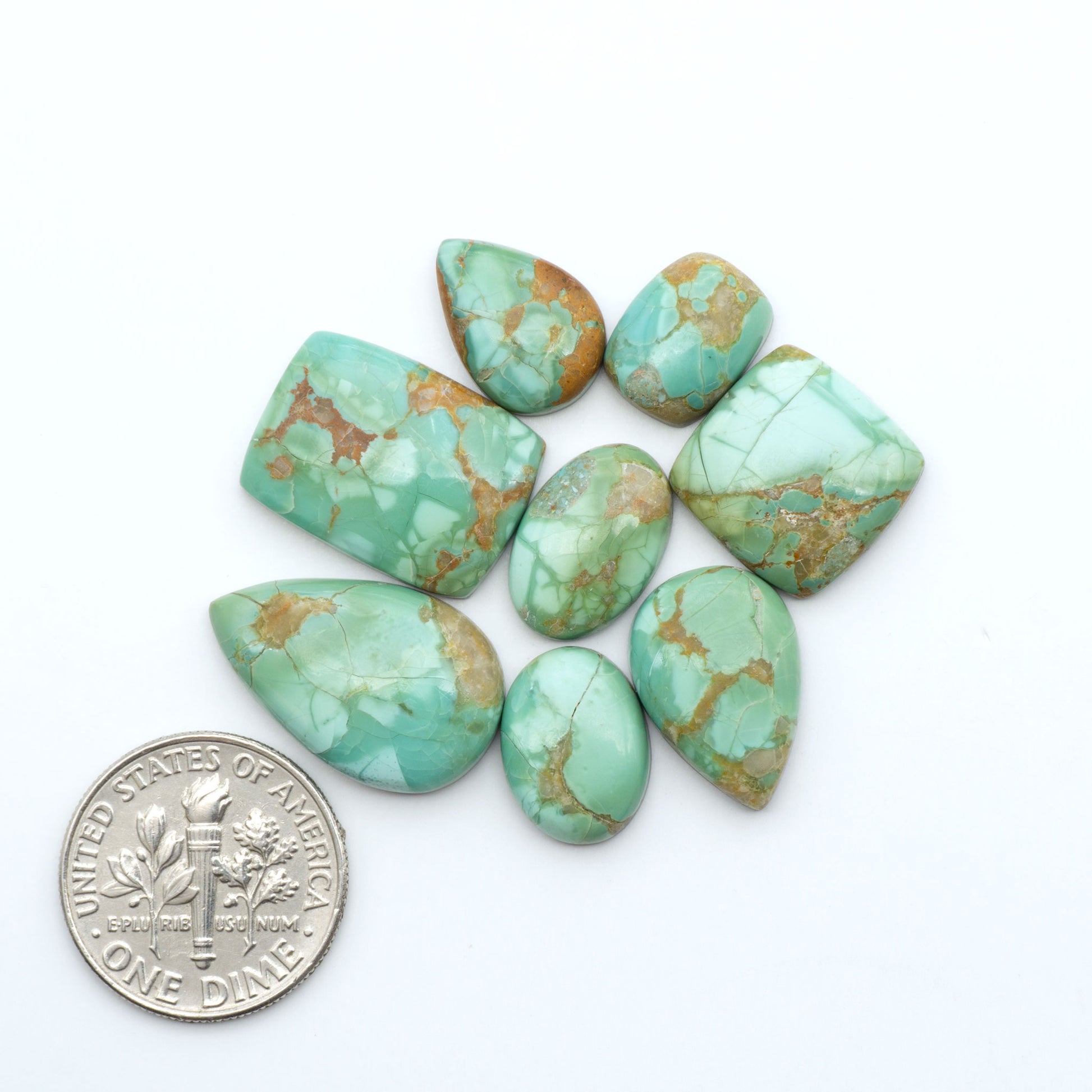 Pilot Mountain Turquoise cabochons, blue-green gemstones with natural matrix on a white background with a US dime for scale
