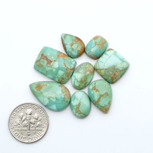 Pilot Mountain Turquoise cabochons, blue-green gemstones with natural matrix on a white background with a US dime for scale