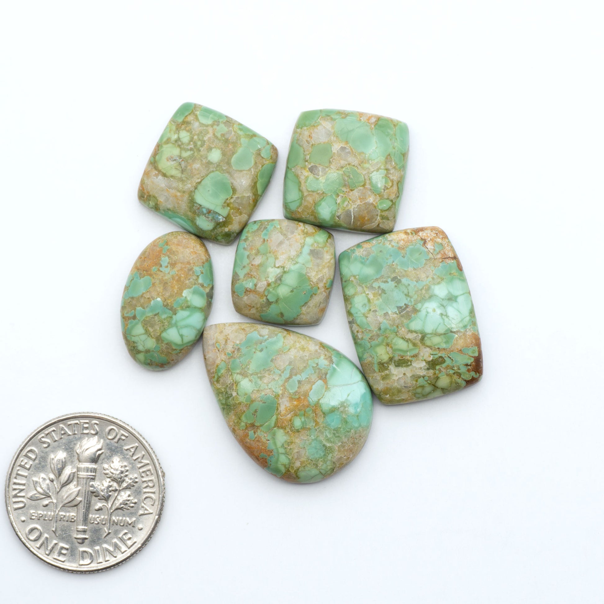 Pilot Mountain Turquoise cabochons, blue-green gemstones with natural matrix on a white background with a US dime for scale