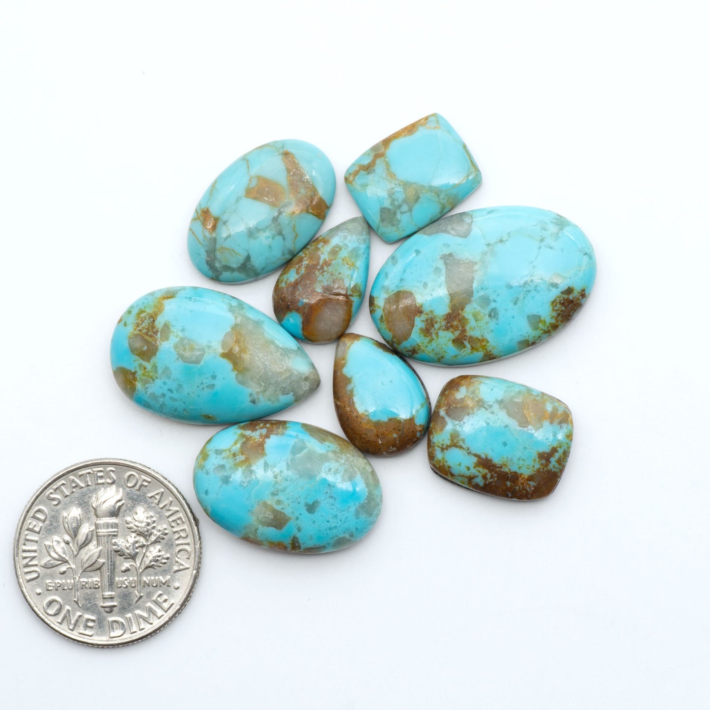 Pilot Mountain Turquoise cabochons, blue-green gemstones with natural matrix on a white background with a US dime for scale