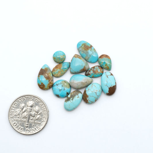 Pilot Mountain Turquoise cabochons, blue-green gemstones with natural matrix on a white background with a US dime for scale