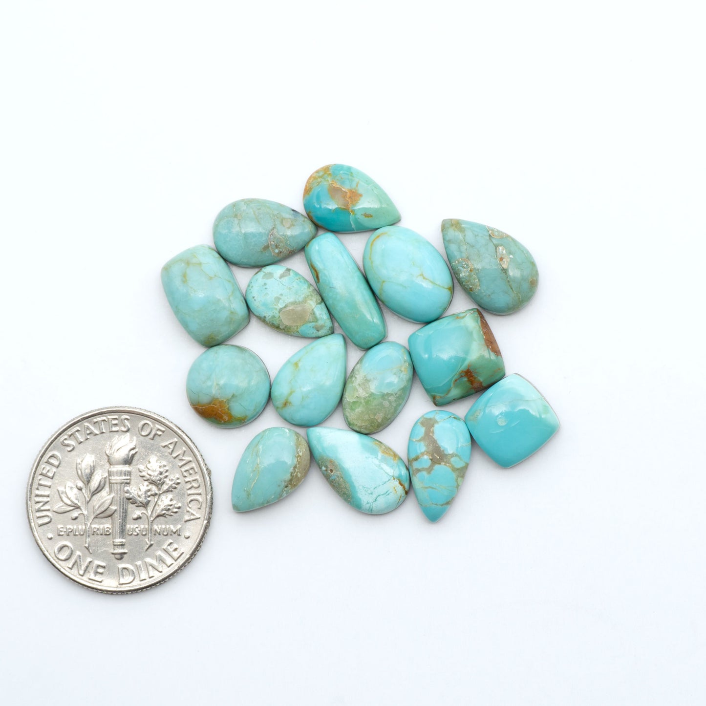 Pilot Mountain Turquoise cabochons, blue-green gemstones with natural matrix on a white background with a US dime for scale