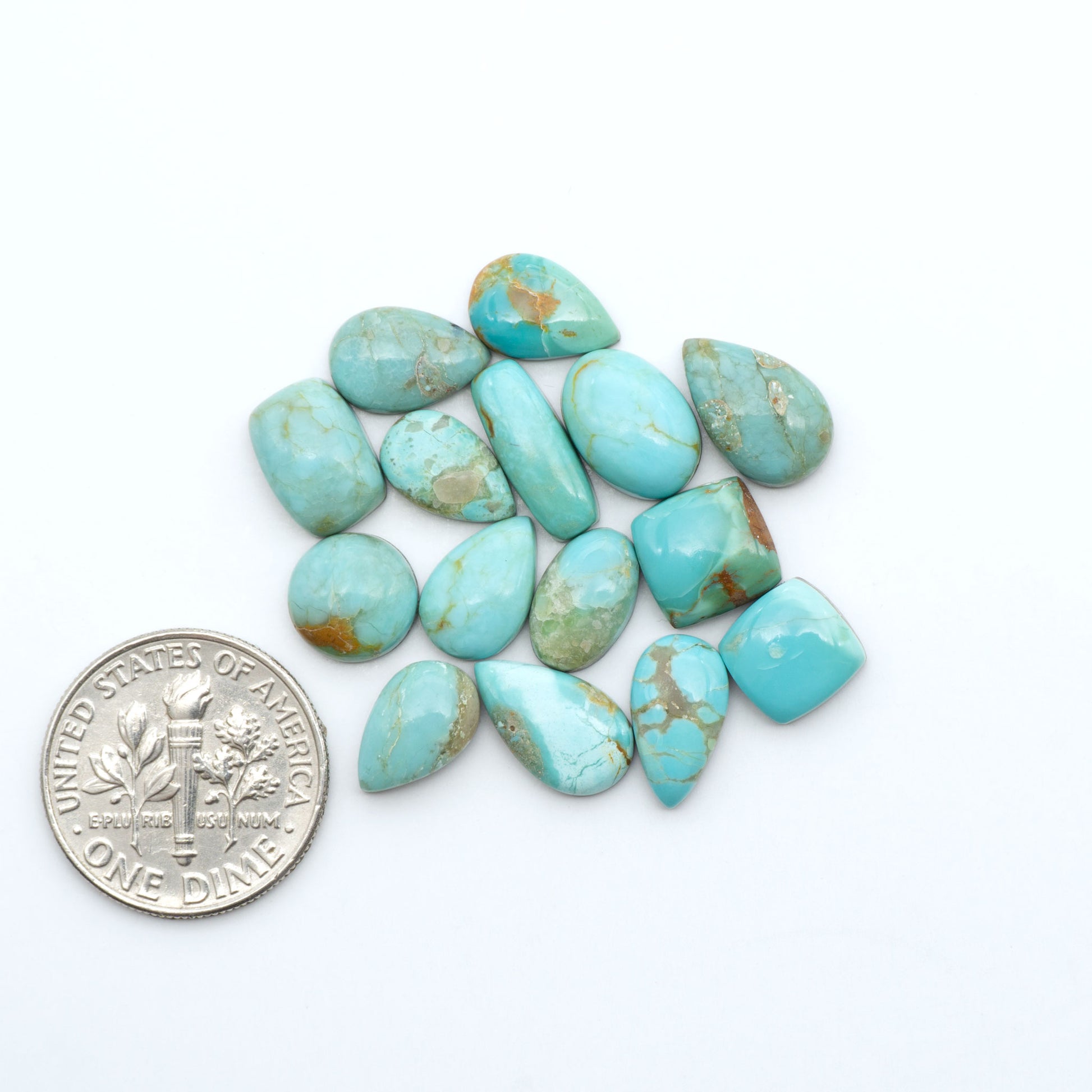Pilot Mountain Turquoise cabochons, blue-green gemstones with natural matrix on a white background with a US dime for scale