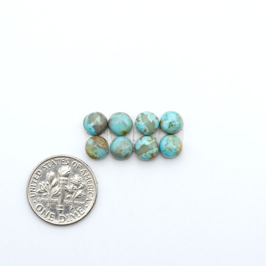 Number 8 Turquoise cabochons, blue and green color with brown matrix, polished stones on a white background, with a US dime for scale