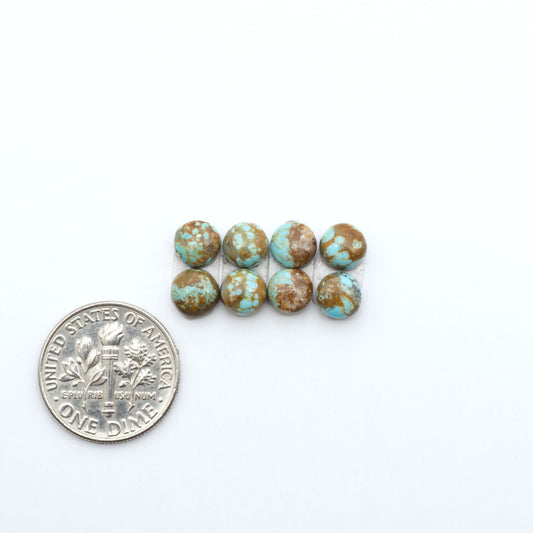 Number 8 Turquoise cabochons, blue and green color with brown matrix, polished stones on a white background, with a US dime for scale