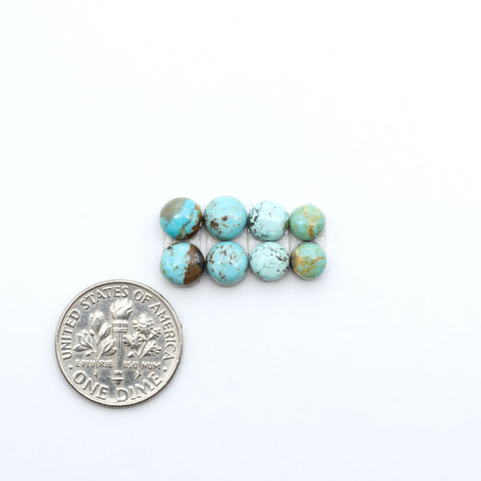 Number 8 Turquoise cabochons, blue and green color with brown matrix, polished stones on a white background, with a US dime for scale