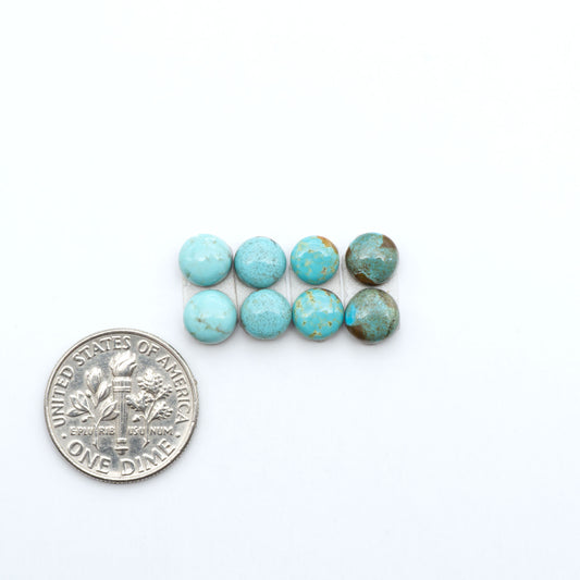Number 8 Turquoise cabochons, blue and green color with brown matrix, polished stones on a white background, with a US dime for scale