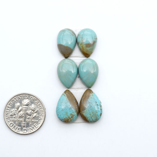 Number 8 Turquoise cabochons, blue and green color with brown matrix, polished stones on a white background, with a US dime for scale