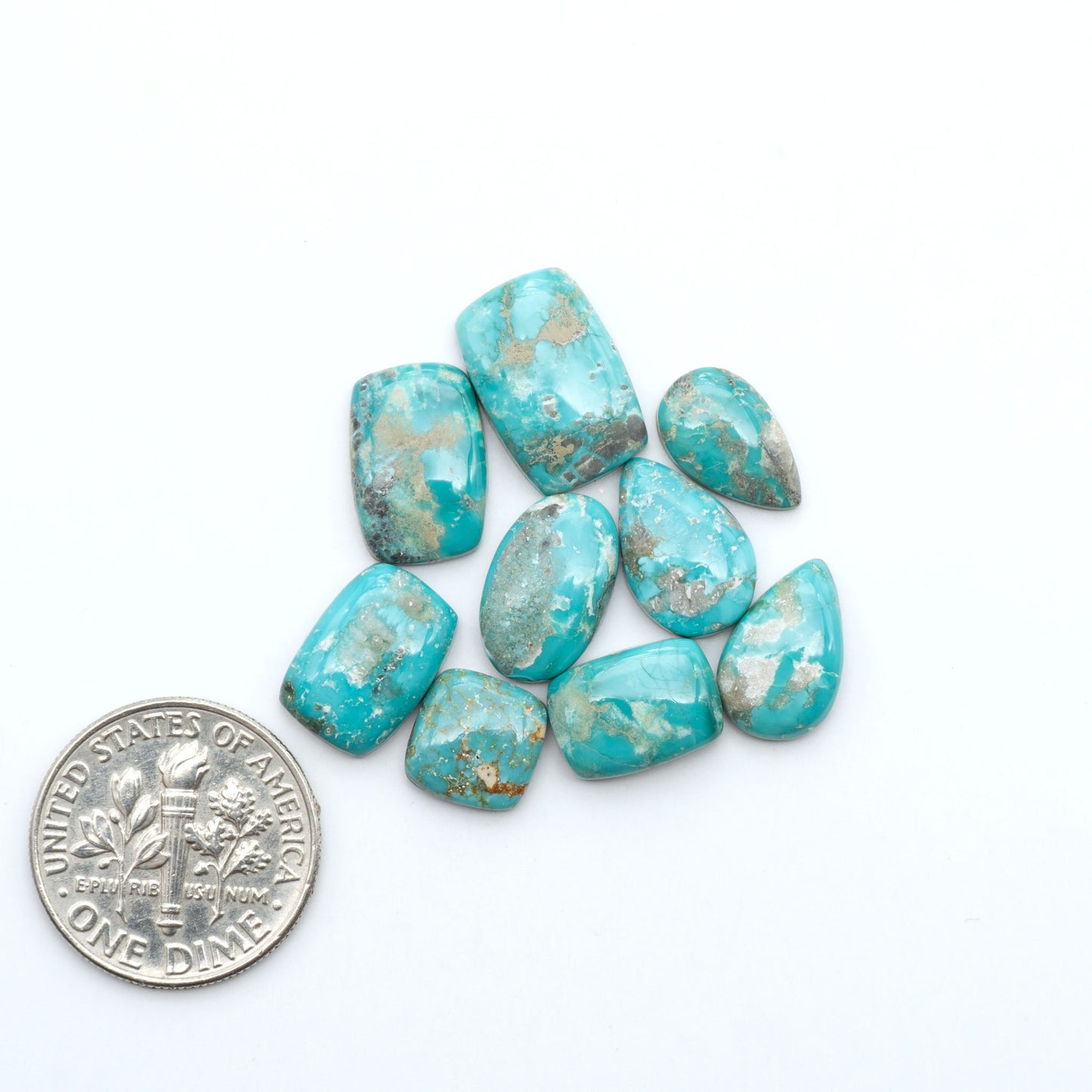 Fox Turquoise cabochons, polished gemstones with natural matrix on a white background, with a US dime for scale
