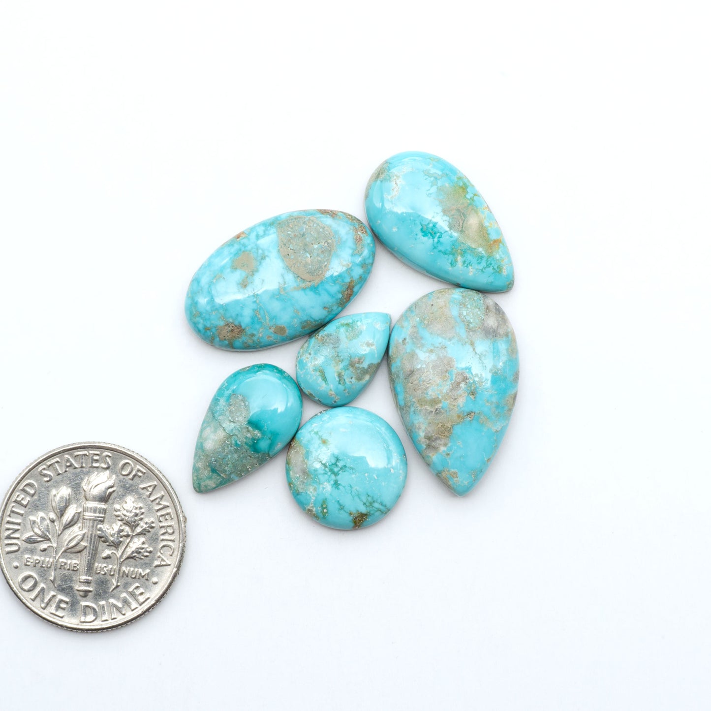 Fox Turquoise cabochons, polished gemstones with natural matrix on a white background, with a US dime for scale