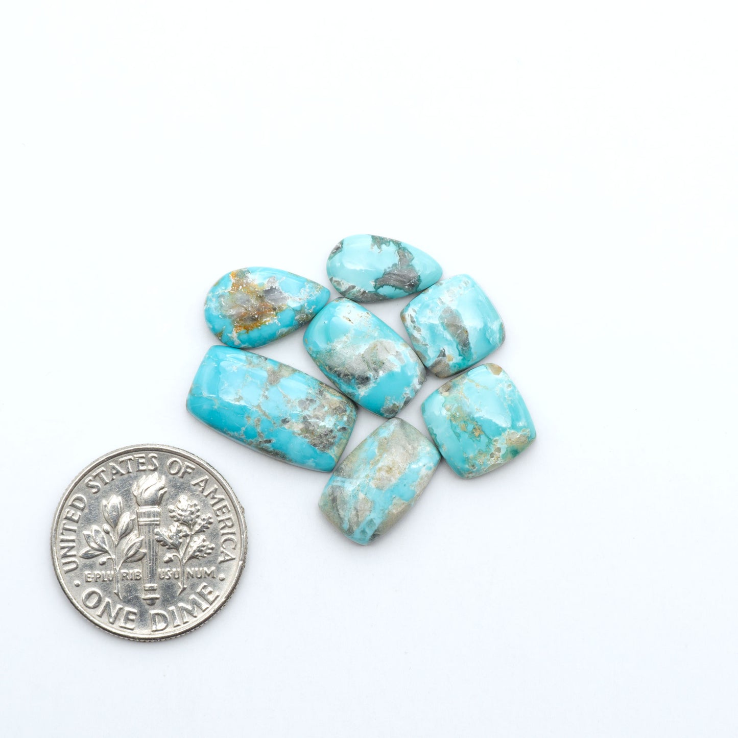Fox Turquoise cabochons, polished gemstones with natural matrix on a white background, with a US dime for scale