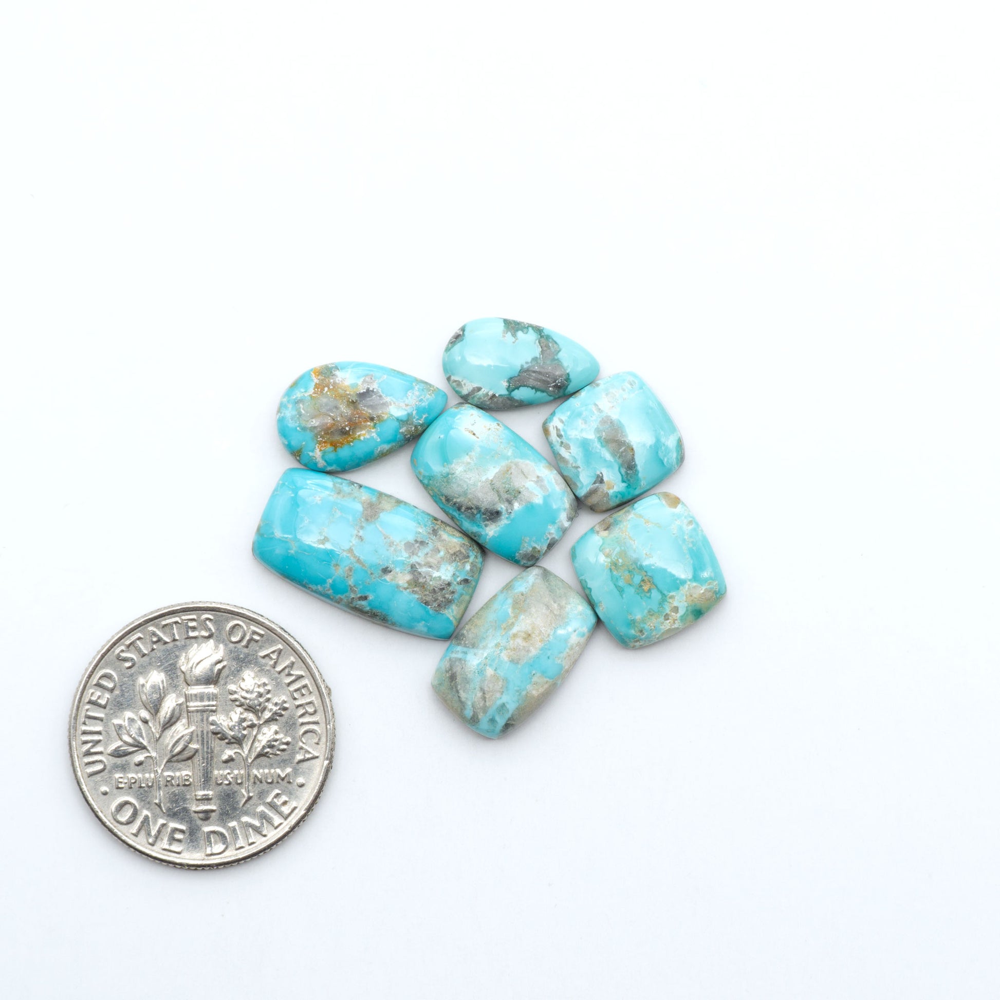 Fox Turquoise cabochons, polished gemstones with natural matrix on a white background, with a US dime for scale