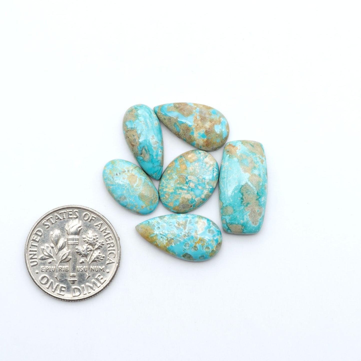 Fox Turquoise cabochons, polished gemstones with natural matrix on a white background, with a US dime for scale