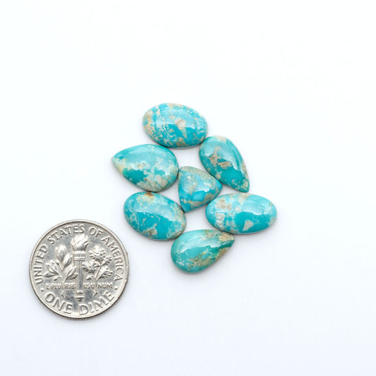 Fox Turquoise cabochons, polished gemstones with natural matrix on a white background, with a US dime for scale