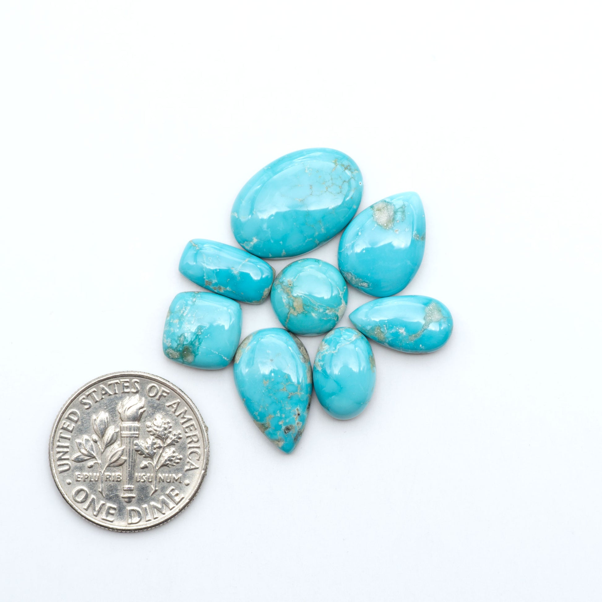 Fox Turquoise cabochons, polished gemstones with natural matrix on a white background, with a US dime for scale